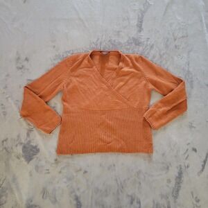 Beretti Sweater Top Womens Large Orange Merino Wool Long Sleeve V Neck Career